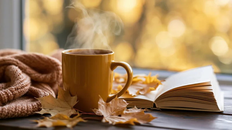 Steaming coffee mug beside open book and autumn leaves on wooden table near window