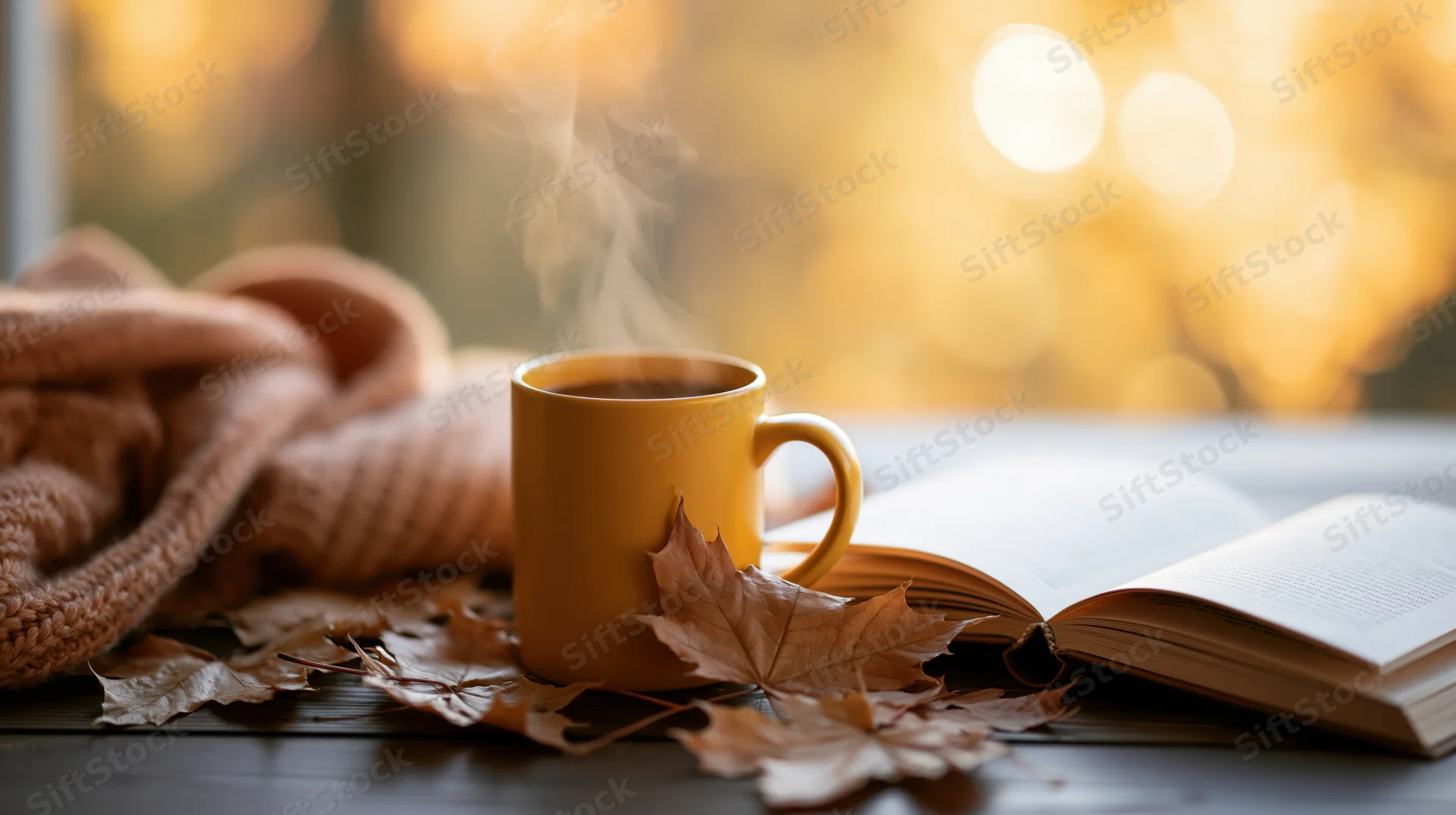 Steaming yellow coffee mug beside open book and autumn leaves on wooden table near window