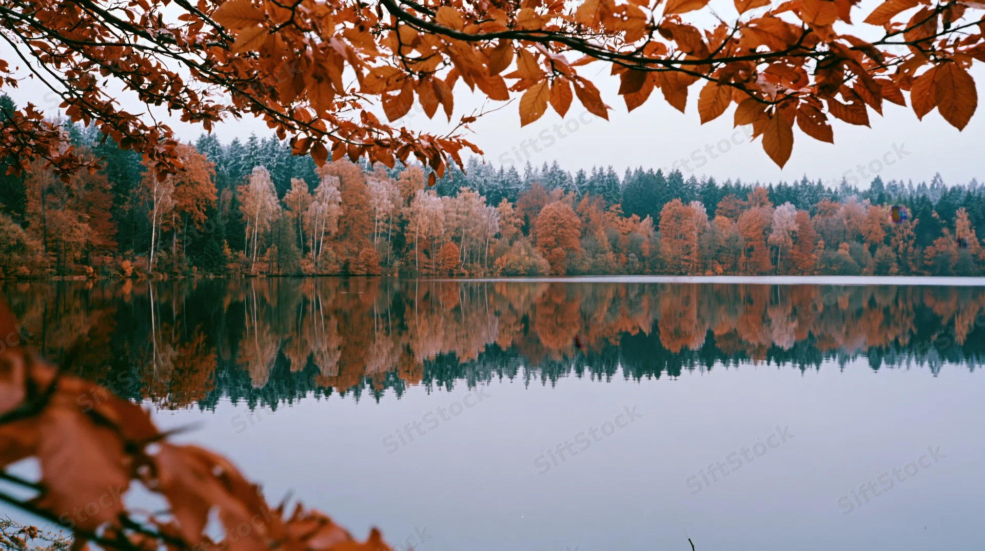 Still lake reflecting autumn forest framed by overhanging orange leaves