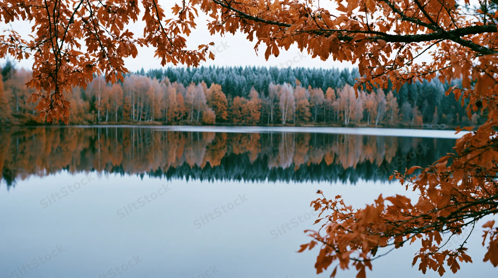 Still lake reflecting autumn forest framed by orange leaves overhead