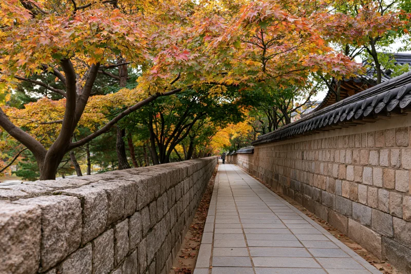 Stone-walled pathway lined with autumn maple trees in a korean palace courtyard