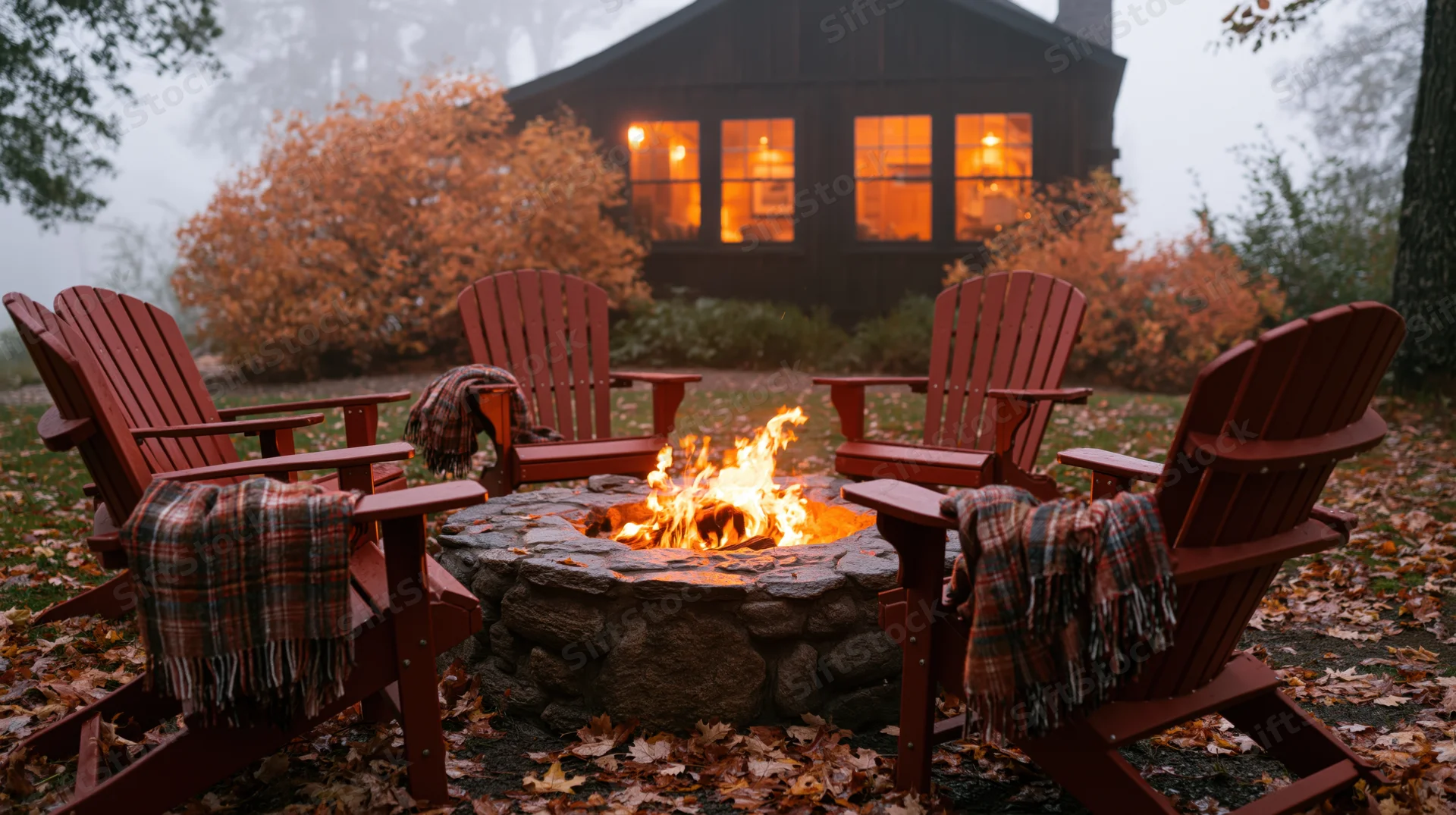 Stone fire pit with active flames surrounded by four adirondack chairs in a misty autumn yard near a cabin