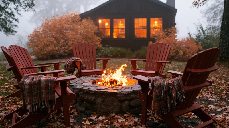 Stone fire pit with active flames surrounded by four adirondack chairs in a misty autumn yard near a cabin