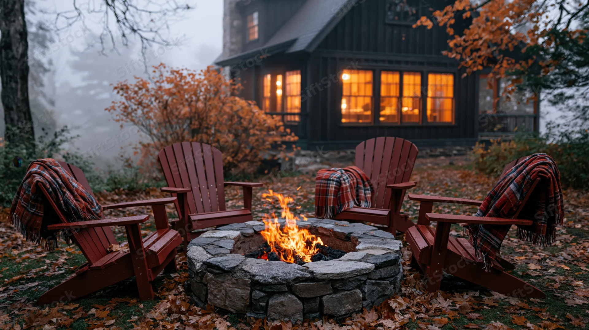 Stone fire pit with burning flames surrounded by four wooden adirondack chairs in autumn yard near cabin