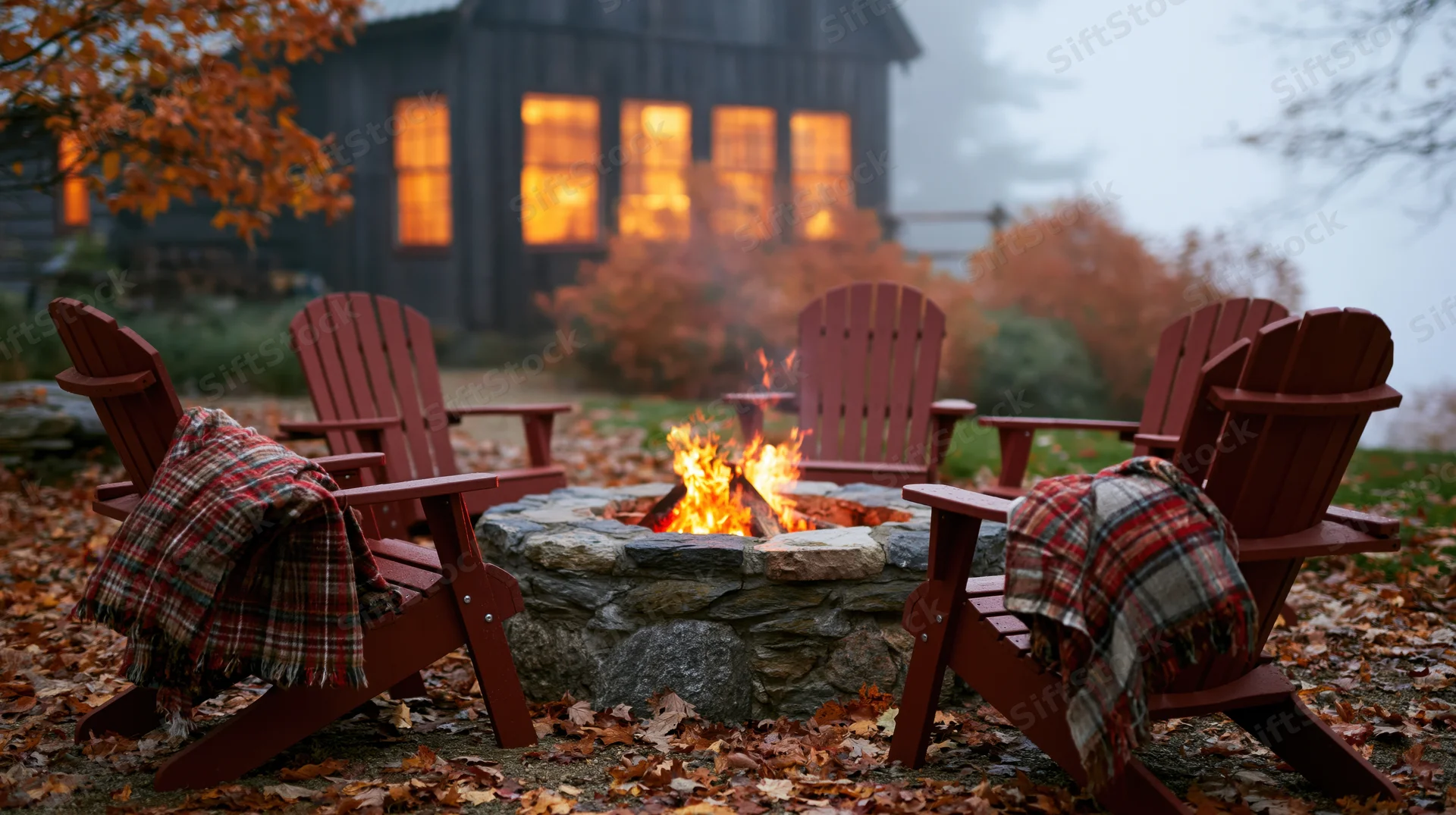 Stone fire pit with burning flames surrounded by four adirondack chairs in an autumn backyard with fallen leaves and a cabin in the background