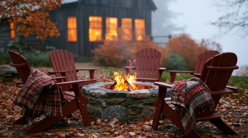 Stone fire pit with burning flames surrounded by four adirondack chairs in an autumn backyard with fallen leaves and a cabin in the background