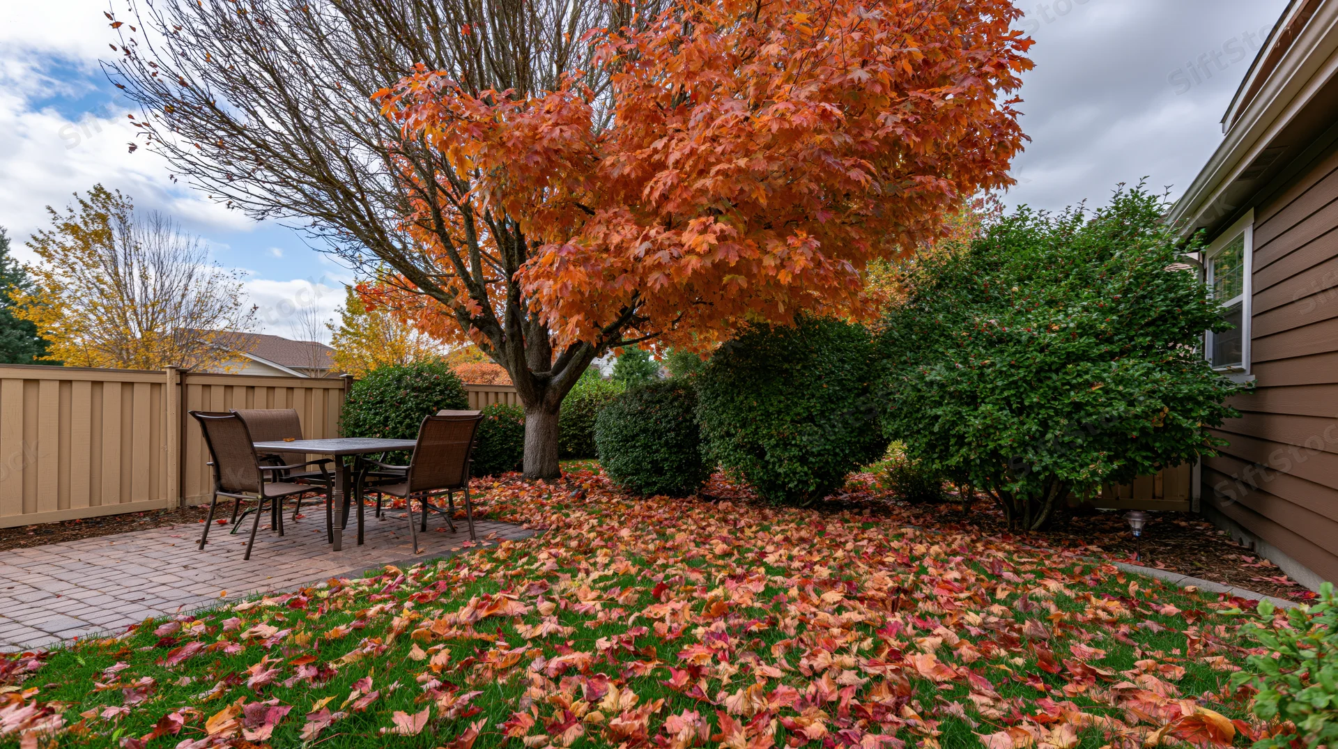 Autumn backyard with maple tree dropping leaves onto lawn and patio near house