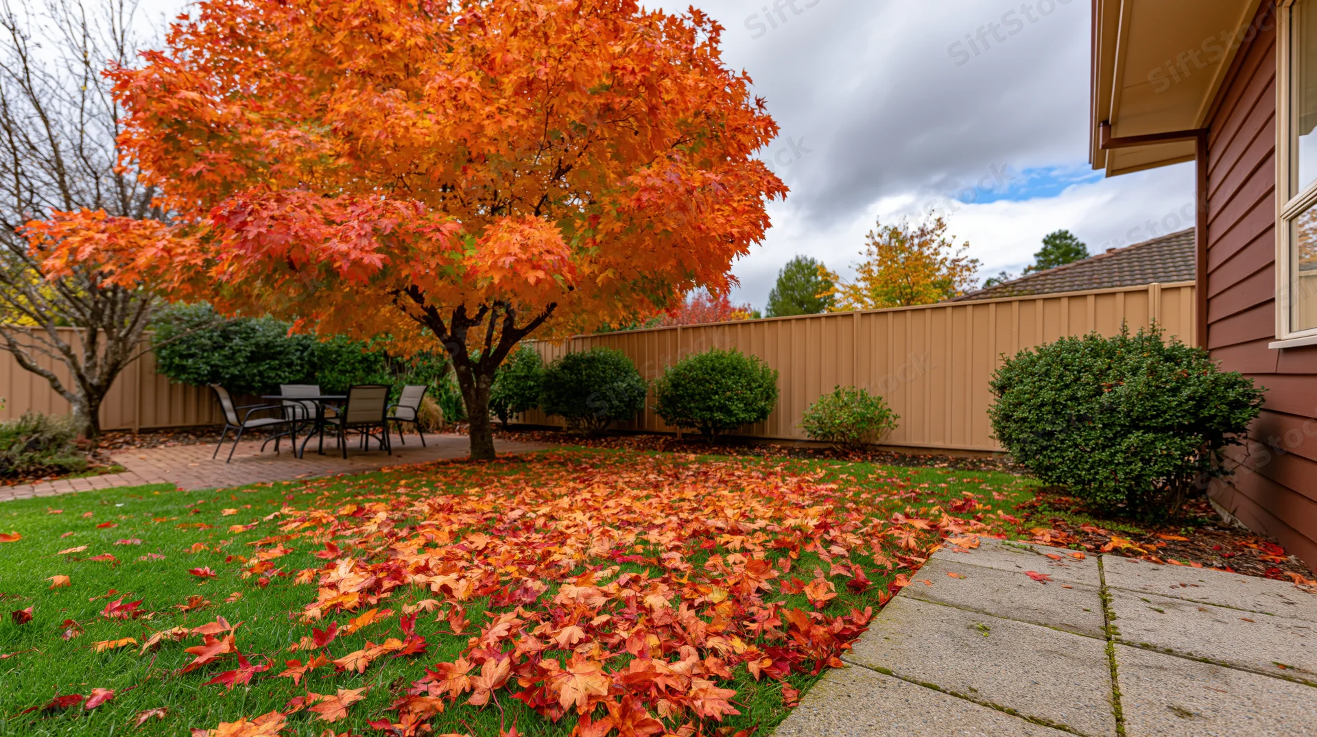 Large maple tree with vibrant orange leaves in suburban backyard during autumn, surrounded by fallen foliage on green lawn and patio furniture near wooden fence