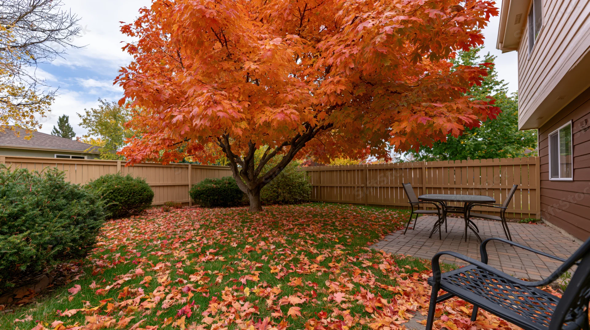 Large maple tree with vibrant orange leaves in suburban backyard during autumn, surrounded by fallen foliage and patio furniture