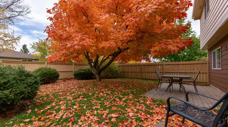 Large maple tree with vibrant orange leaves in suburban backyard during autumn, surrounded by fallen foliage and patio furniture