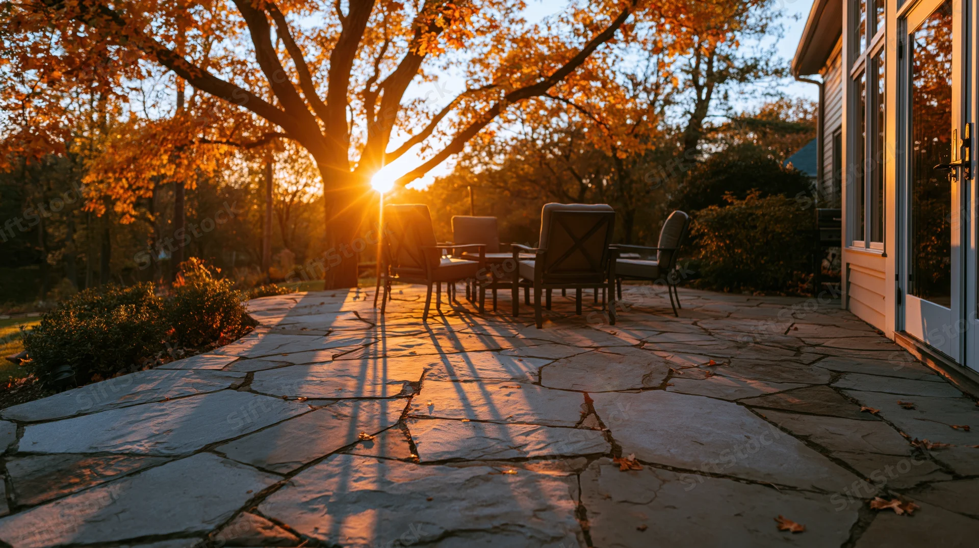 Stone patio with chairs under autumn tree at sunset in suburban backyard