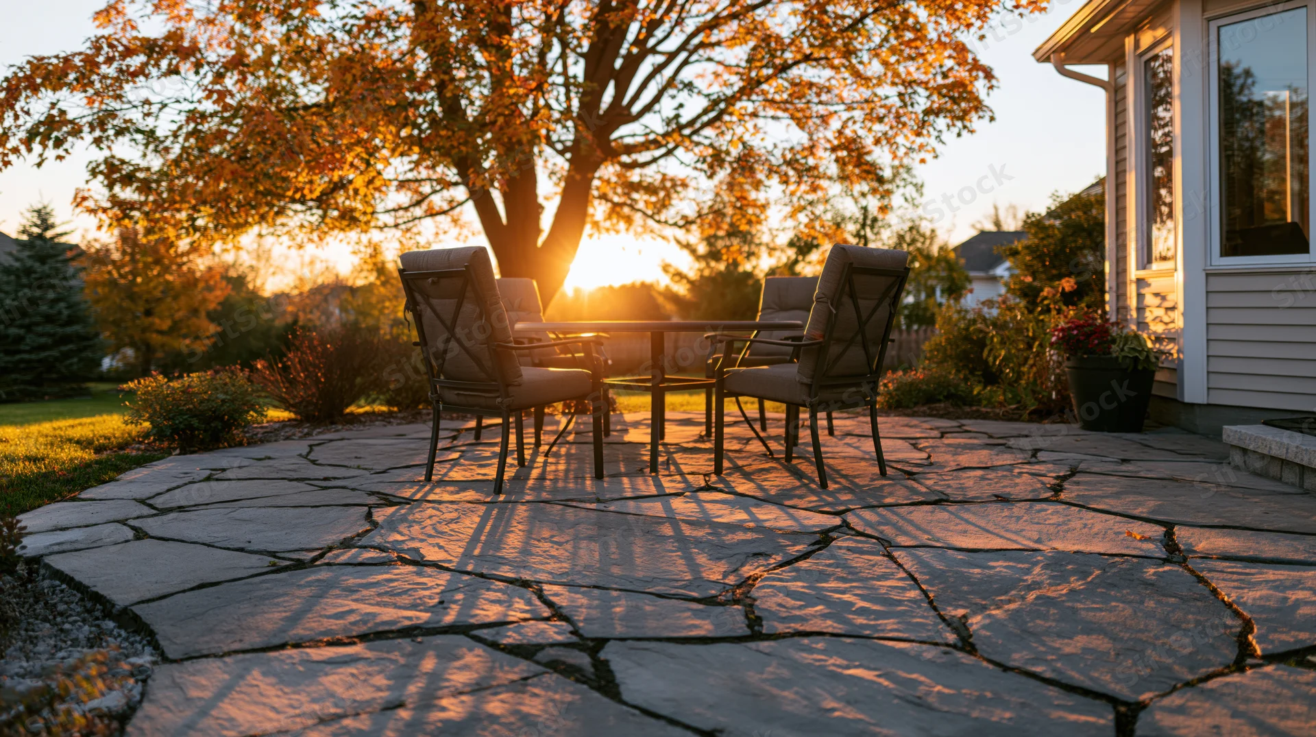 Stone patio with outdoor furniture and autumn tree at sunset in suburban backyard