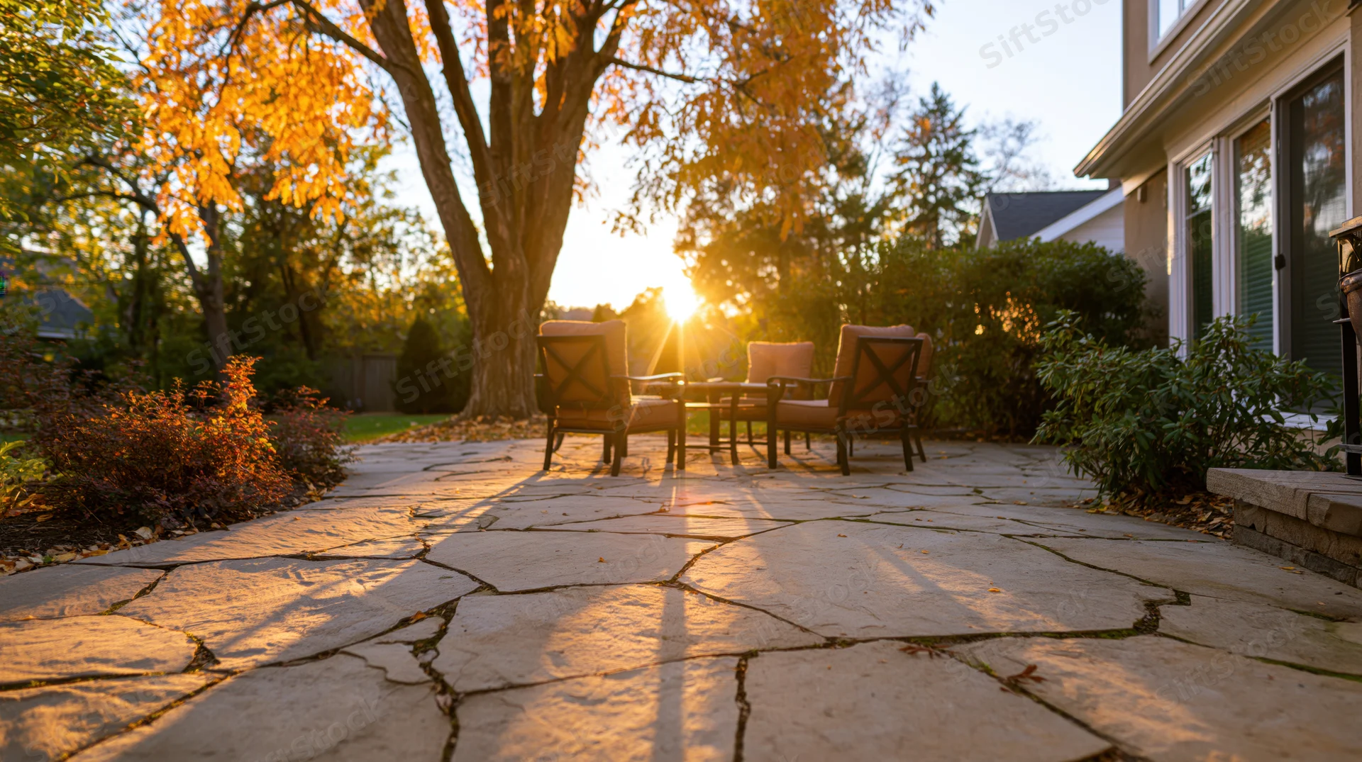 Stone patio with wooden chairs and table in suburban backyard at golden hour during autumn