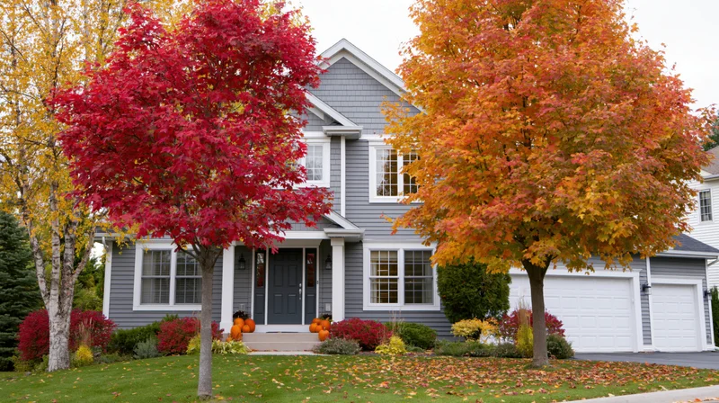 Suburban house with colorful autumn trees and pumpkins on the front porch