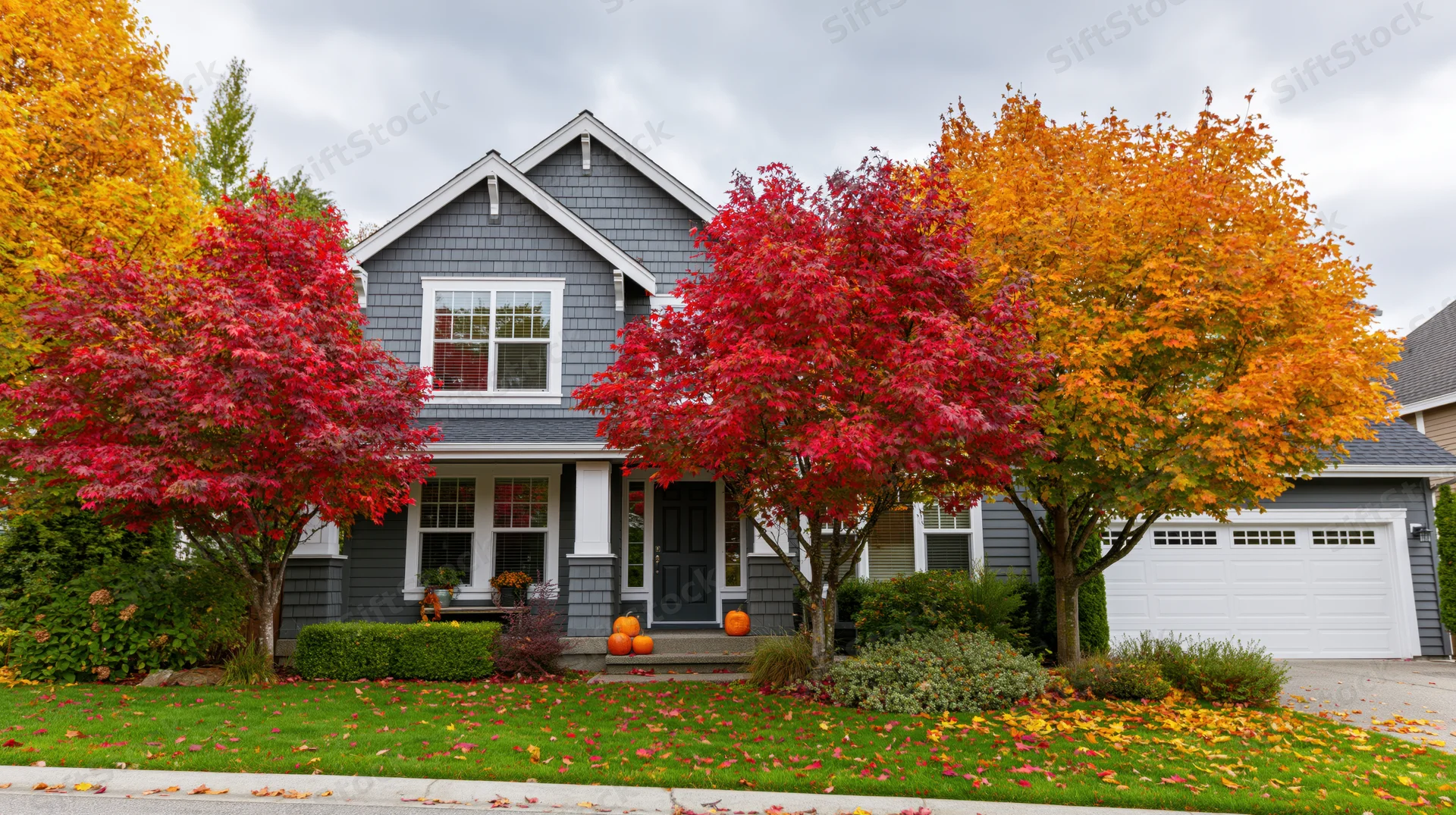 Suburban two-story house with gray shake siding and autumn trees in front yard