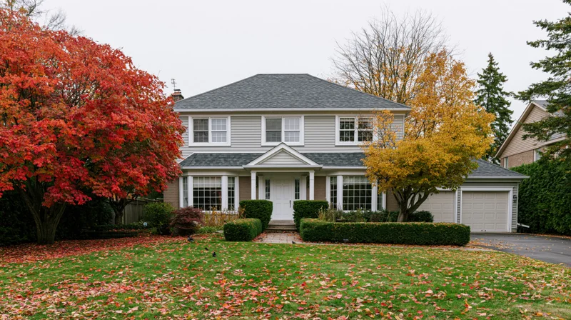 Two-story suburban house with grey shingle roof and white trim surrounded by autumn trees and fallen leaves in front yard