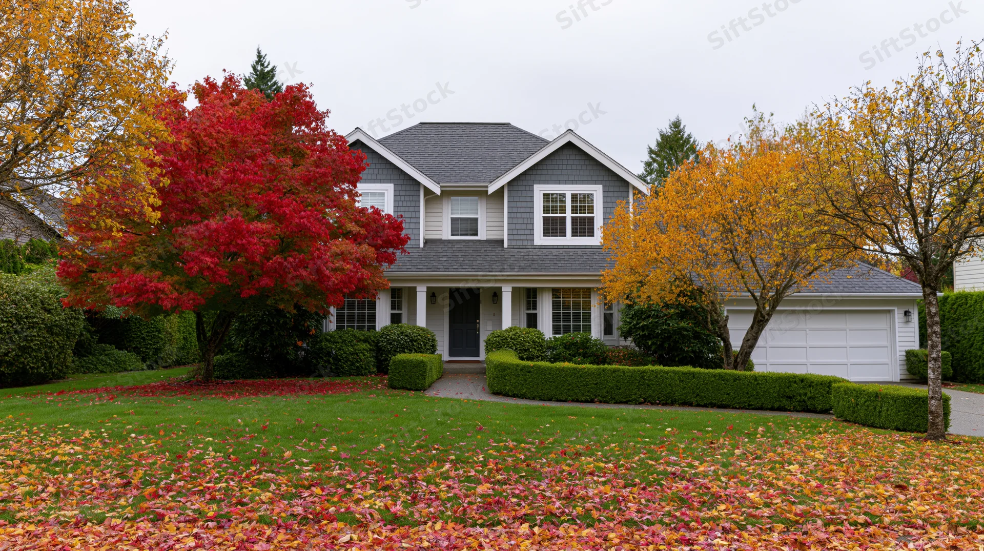 Suburban two-story house with grey shingle roof and white trim surrounded by colorful autumn trees and fallen leaves on the lawn