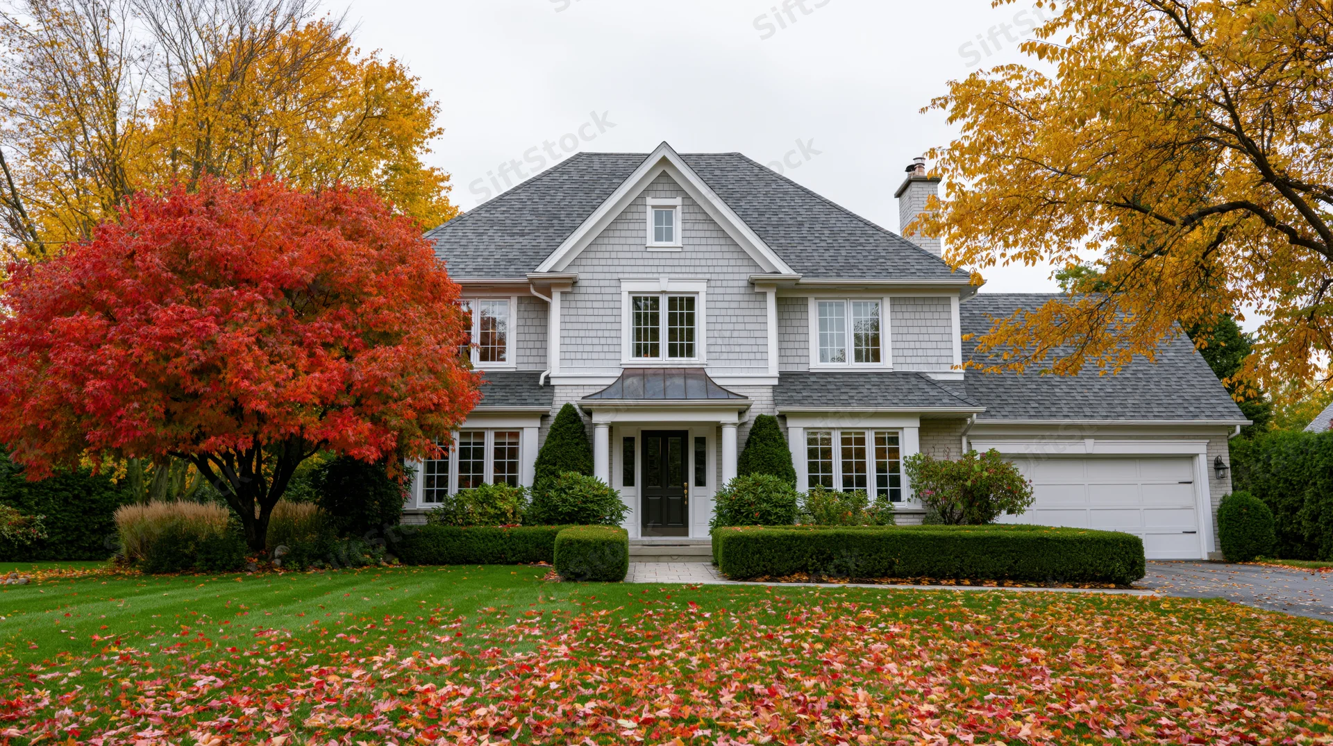 Suburban two-story house with grey shingle roof and white siding surrounded by autumn trees and fallen leaves in front yard