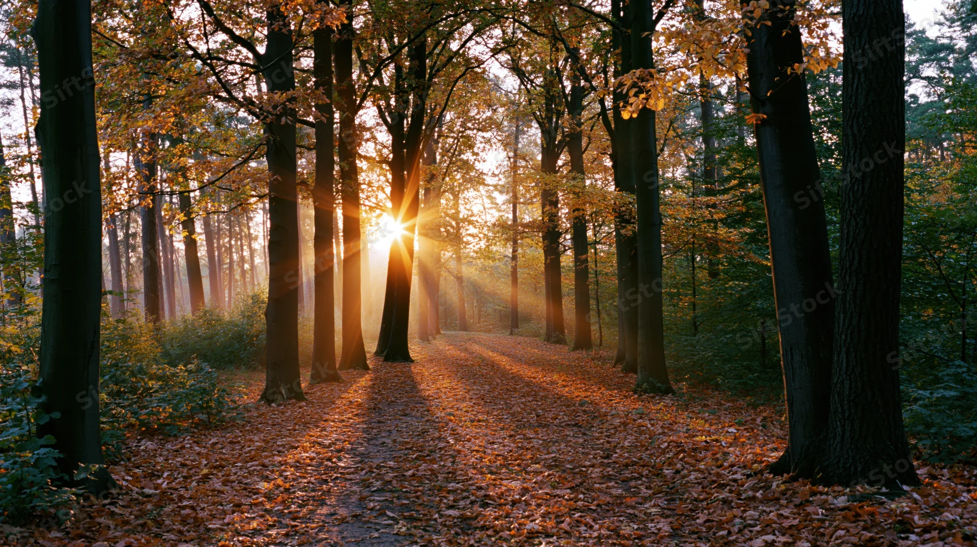 Sunlight bursting through tall deciduous trees along a leaf-covered path in a forest at autumn morning