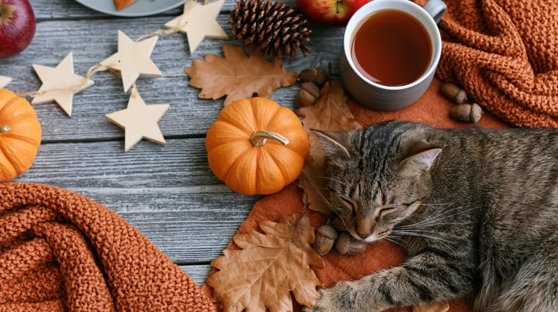 Tabby cat resting on orange blanket among autumn decorations with pumpkins and tea on wooden table