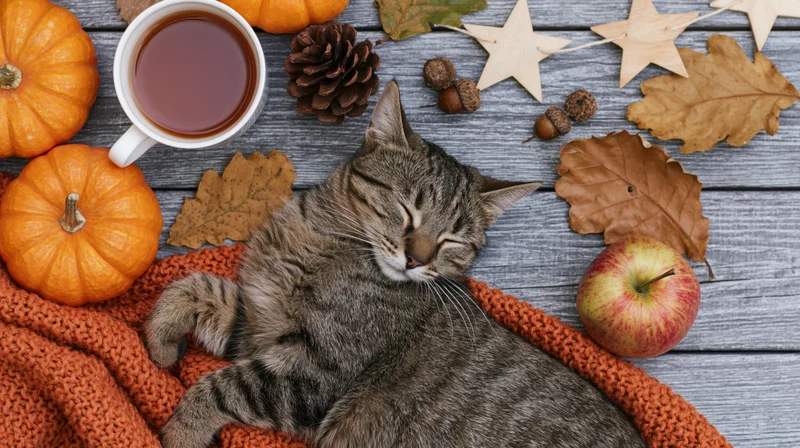 Tabby cat sleeping on knitted sweater among autumn decorations on wooden table