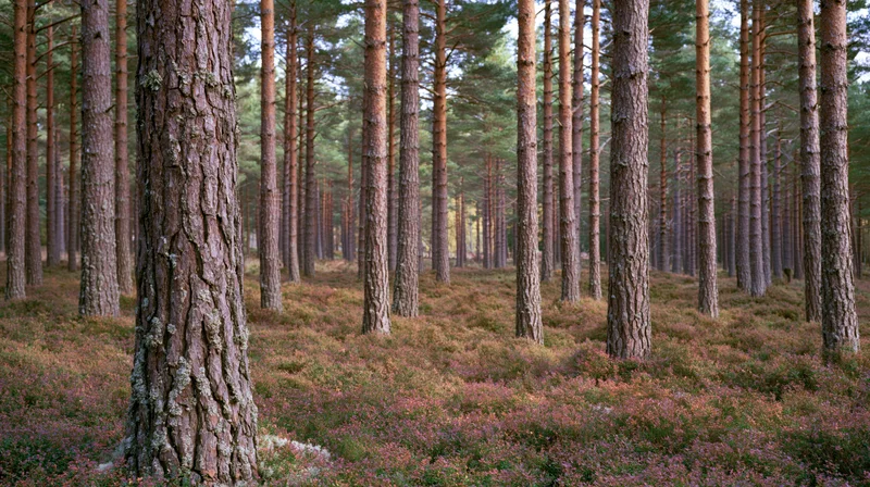 Tall scots pine trees standing in a dense forest with heather-covered ground
