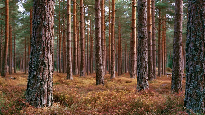 Tall scots pine forest with straight reddish-brown trunks receding into the distance