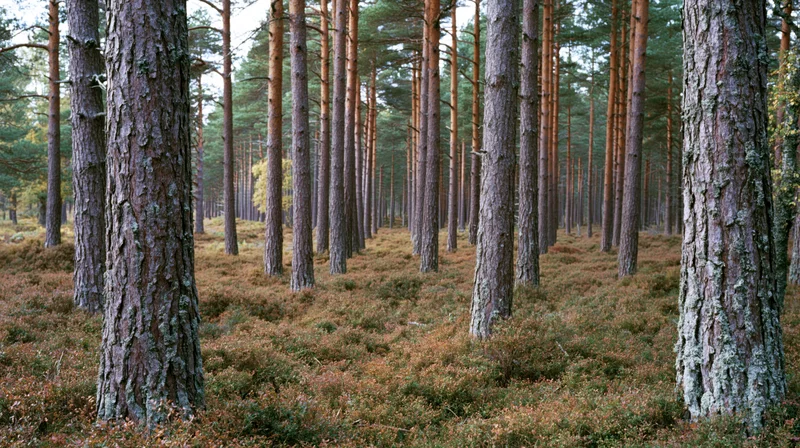 Tall scots pine trees standing in a dense forest with heather-covered ground under diffuse light