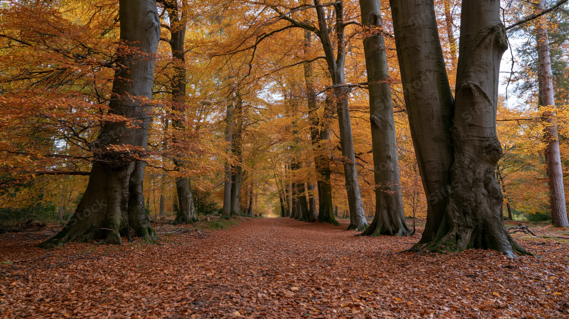 Wide forest path lined with tall beech trees covered in fallen autumn leaves