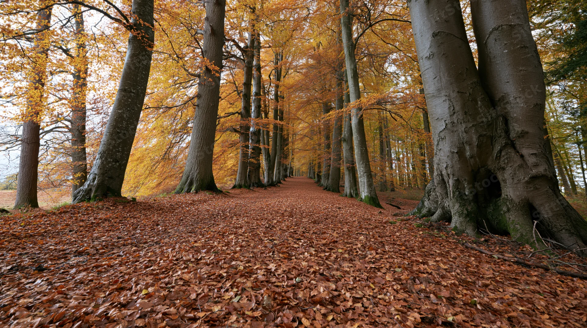 Wide forest path lined with tall beech trees covered in fallen autumn leaves