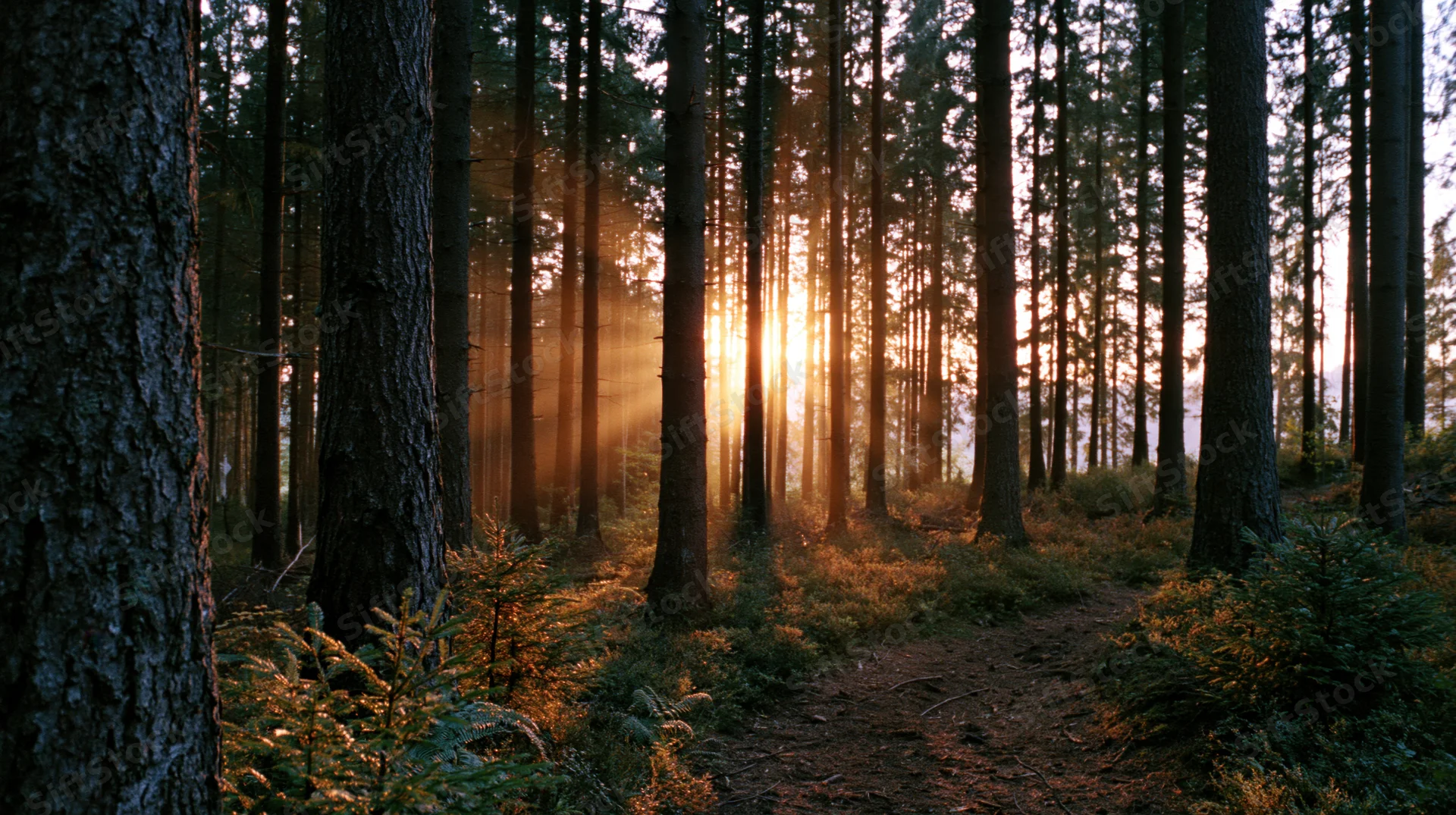 Golden sunrise light filtering through tall spruce trees in a forest interior