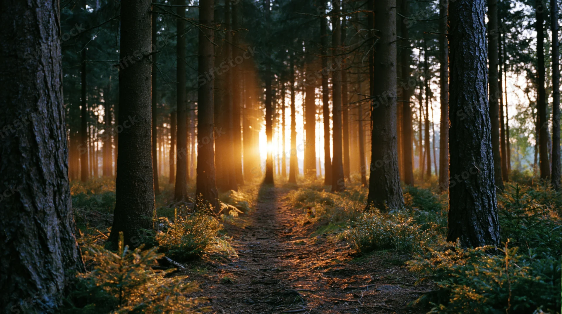 Narrow dirt path through tall spruce trees with golden sunrise light filtering through the forest canopy