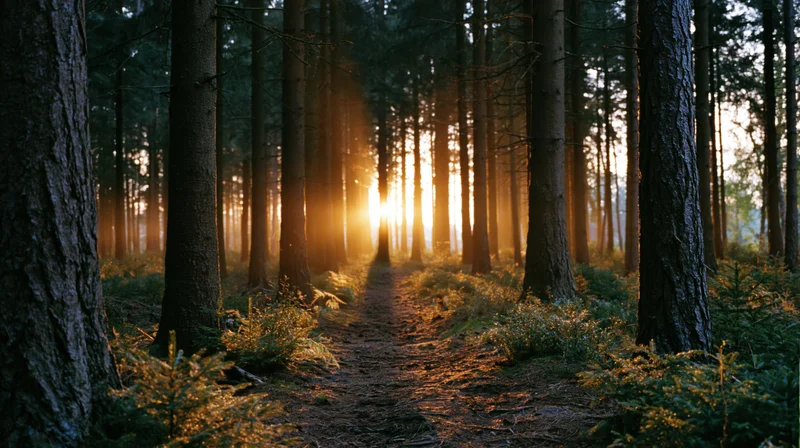 Narrow dirt path through tall spruce trees with golden sunrise light filtering through the forest canopy