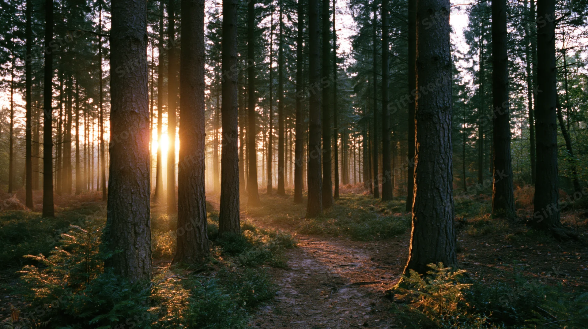 Sunlight breaking through tall spruce trees in a forest at sunrise, illuminating a dirt path and surrounding foliage