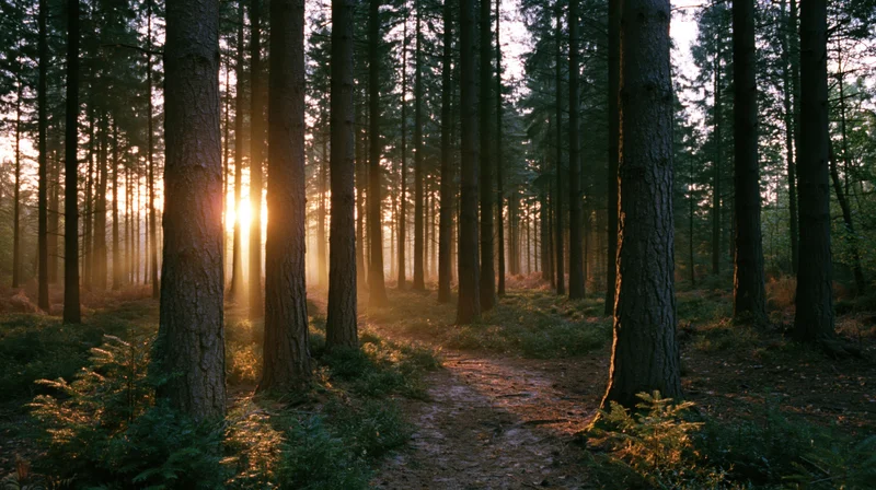 Sunlight breaking through tall spruce trees in a forest at sunrise, illuminating a dirt path and surrounding foliage