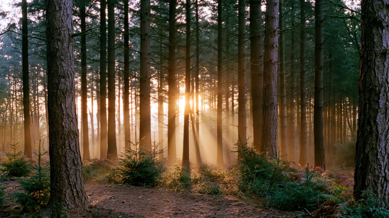 Golden sunrise light streaming through tall spruce trees in a misty forest interior