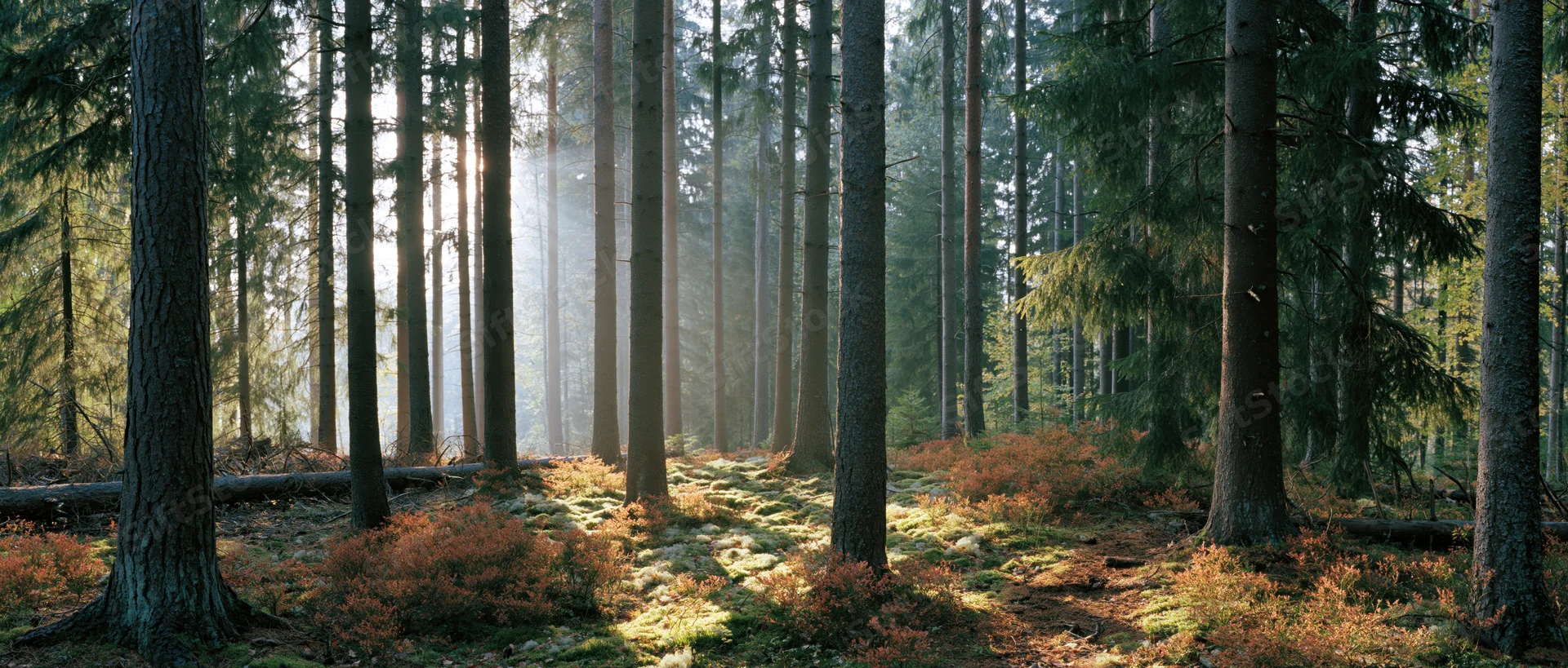 Sunlight filtering through tall spruce trees in a misty forest interior