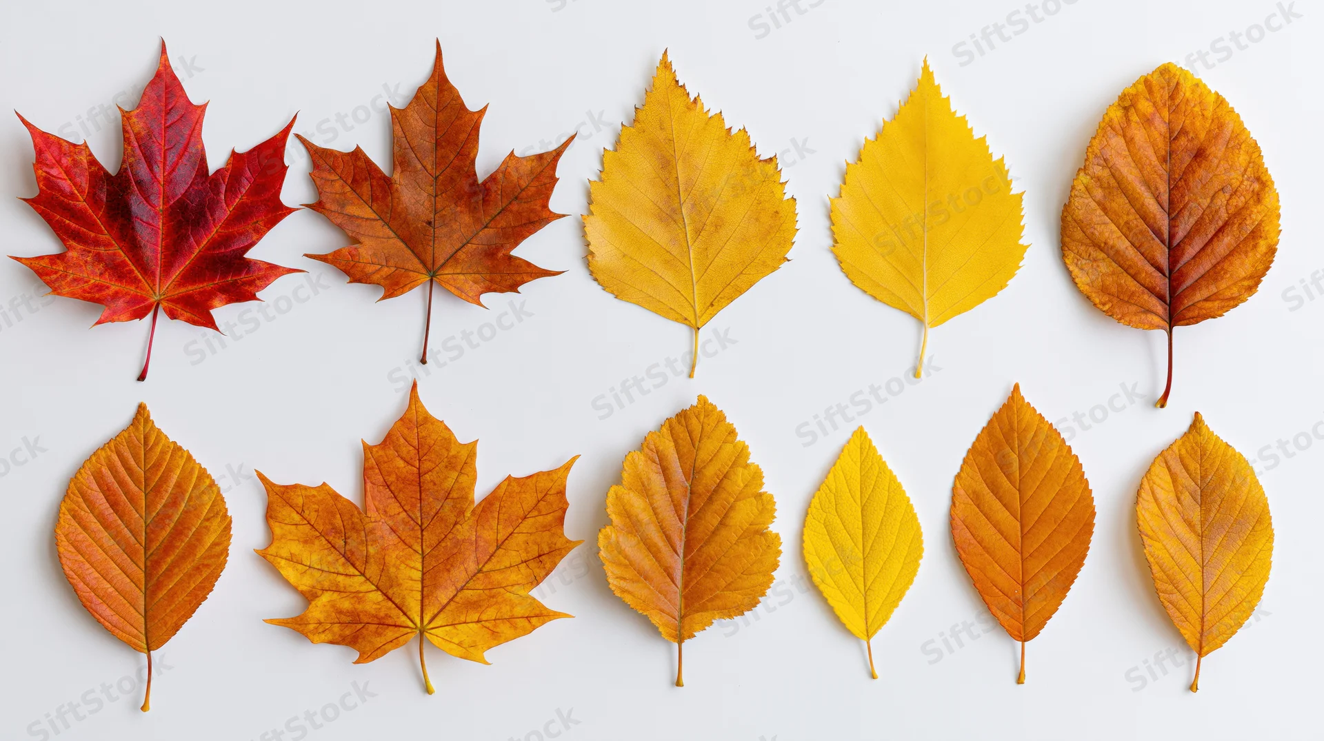 Ten autumn leaves arranged in two rows on a white background