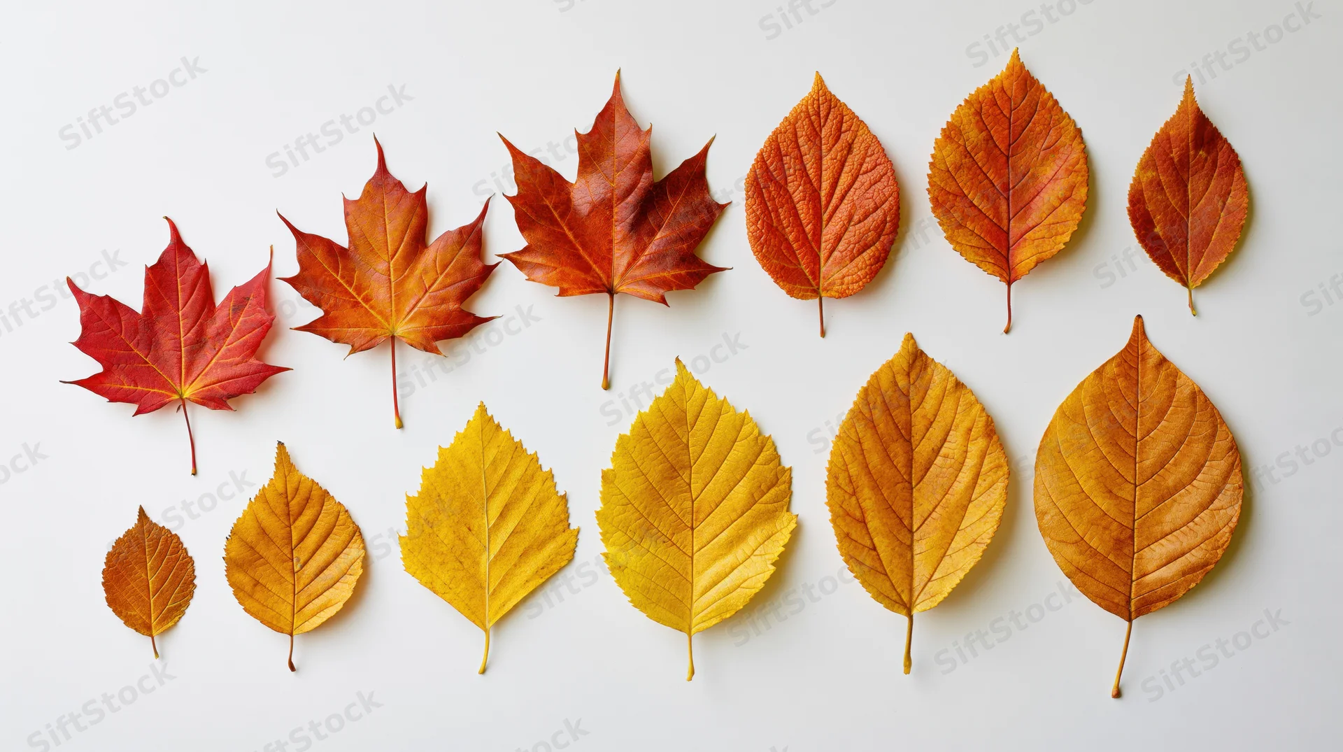 Autumn leaves arranged in two rows on white background