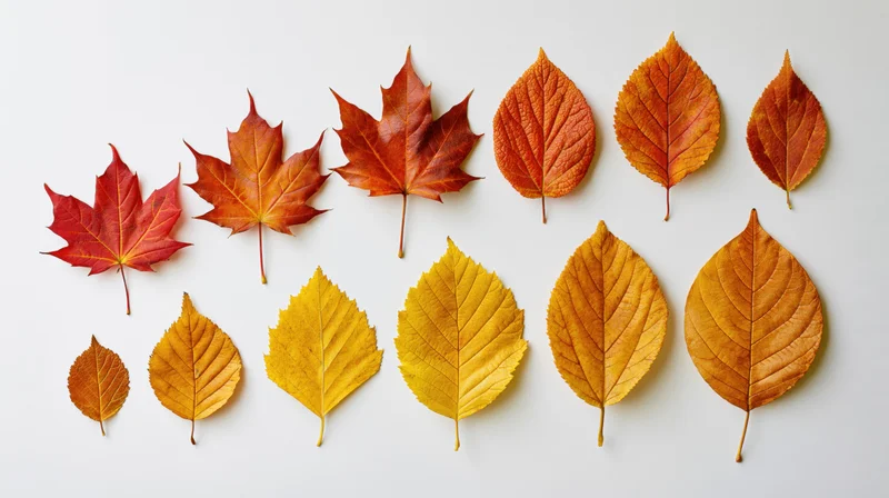 Autumn leaves arranged in two rows on white background