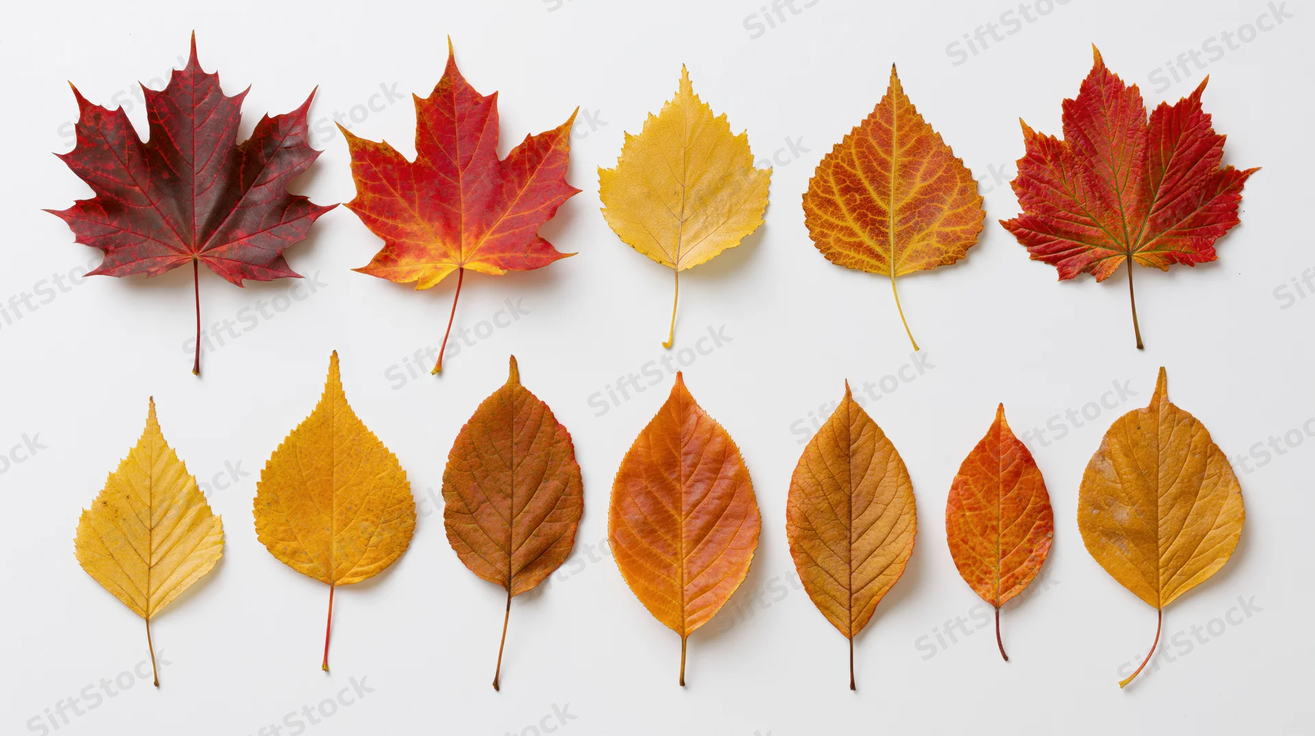 Ten autumn leaves arranged in two rows on white background