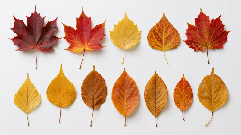Ten autumn leaves arranged in two rows on white background