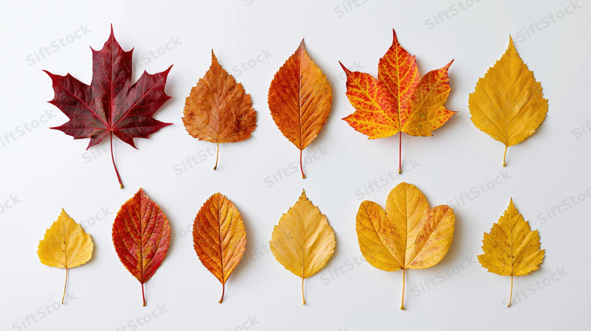 Ten autumn leaves arranged in two rows on a white background
