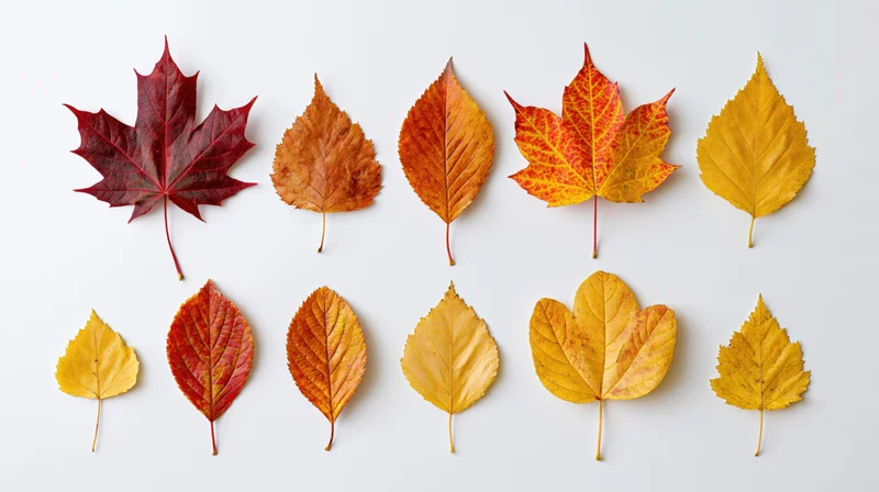Ten autumn leaves arranged in two rows on a white background