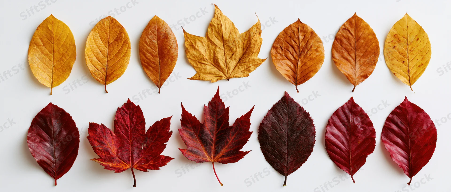 Two rows of autumn leaves in warm colors arranged on a white surface