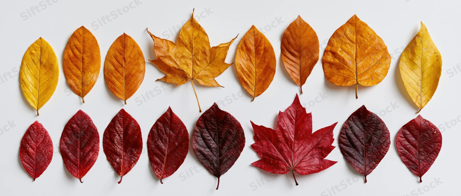 Two rows of autumn leaves in red, orange and yellow arranged on white background