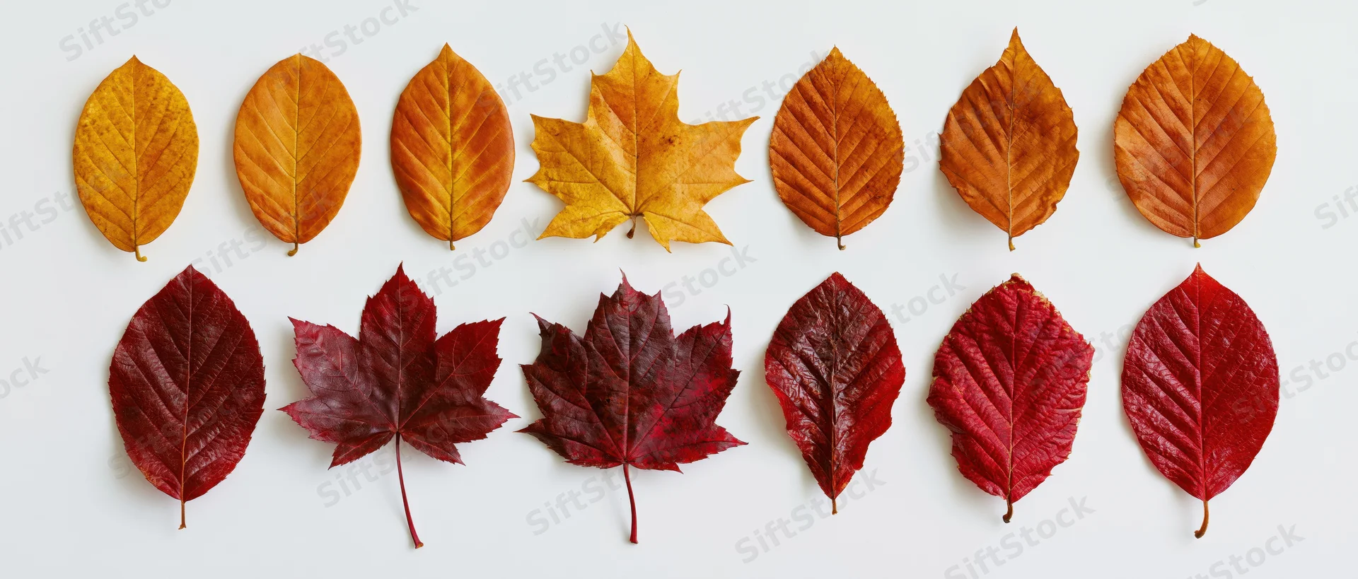Two rows of autumn leaves arranged by color on white background