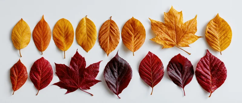 Two rows of autumn leaves arranged on a white surface