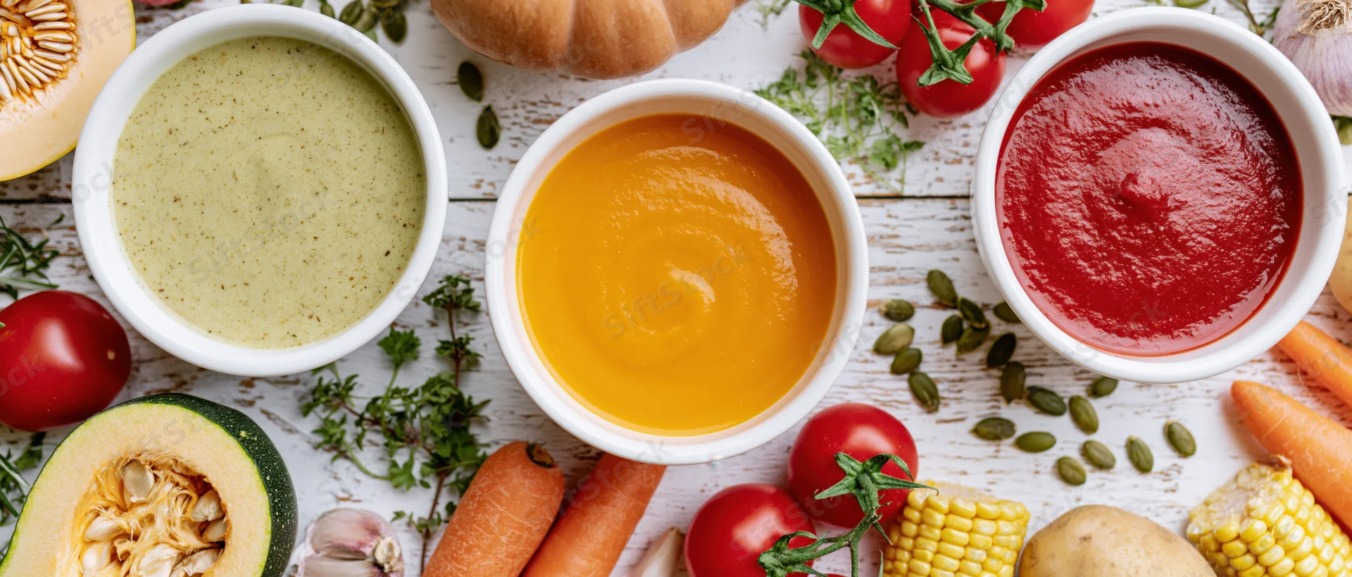 Three bowls of autumn vegetable cream soups arranged on a rustic wooden table with fresh produce around
