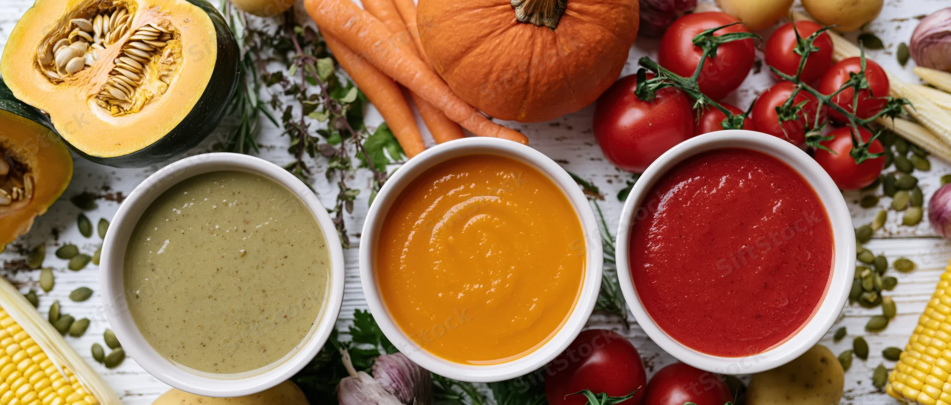 Three bowls of autumn vegetable cream soups arranged on a rustic white table surrounded by fresh produce
